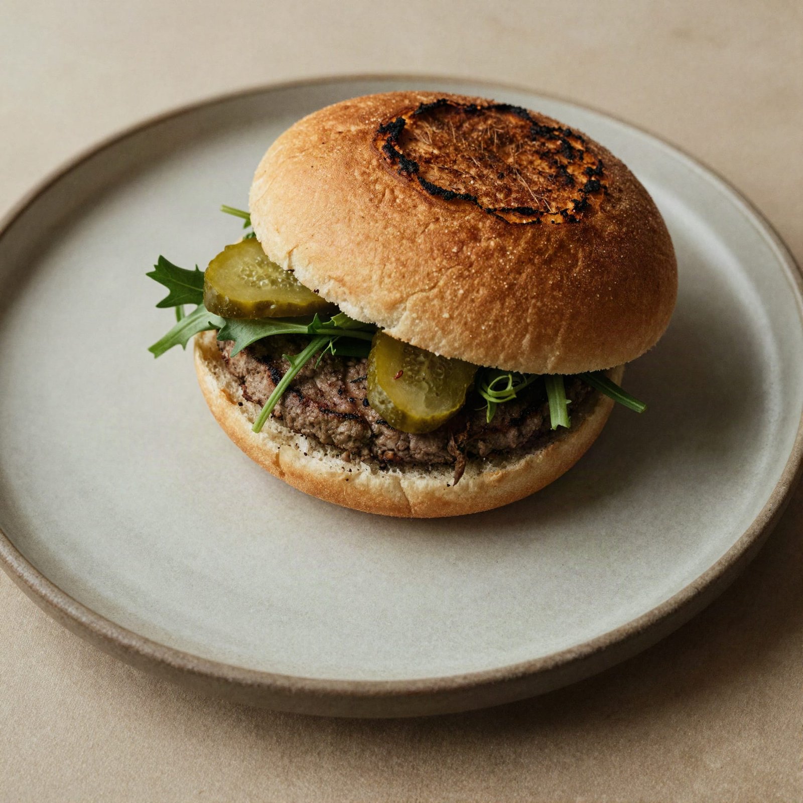 The Ember burger on a ceramic plate